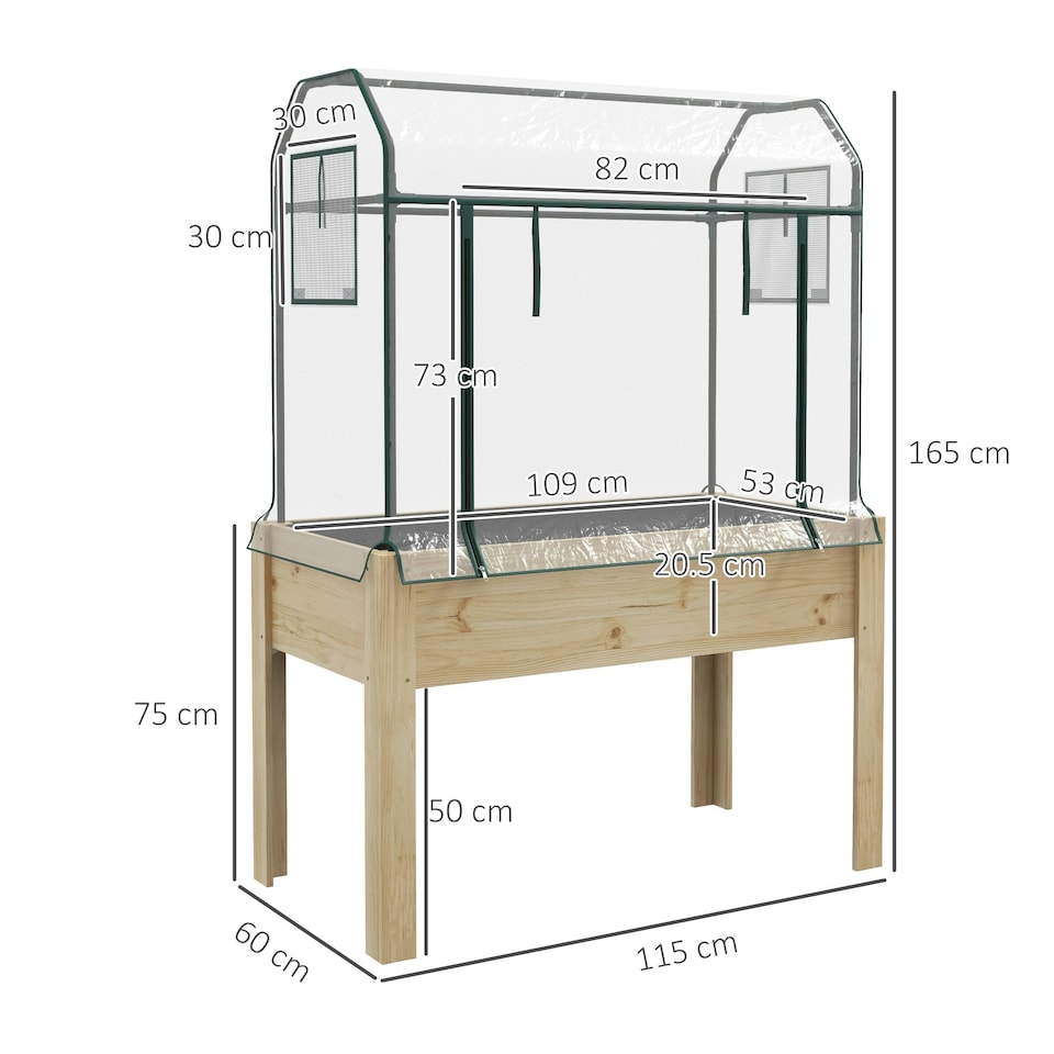 image 1 of Outsunny Wooden Raised Planter, Garden Bed with Greenhouse Cover and Bed Liner