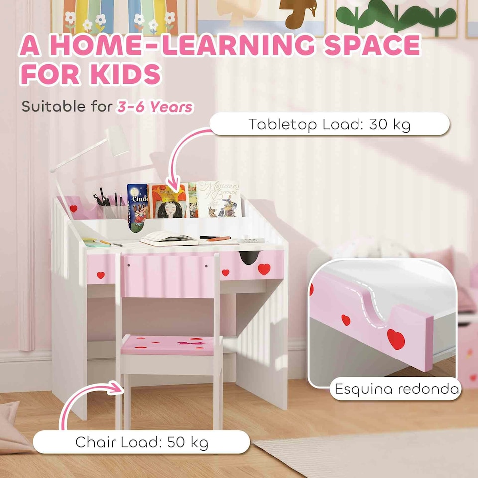 image 1 of AIYAPLAY Children Study Table and Chair w/ Storage, Pull-Out Drawer, Pink