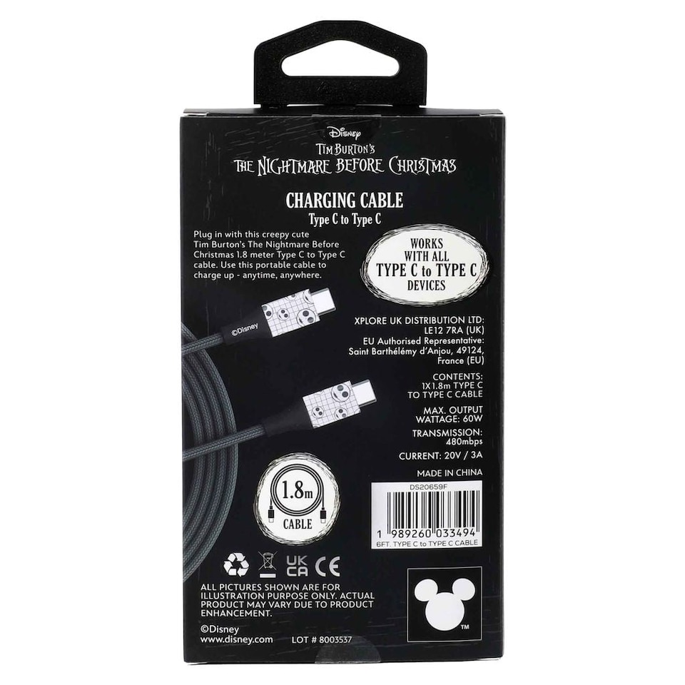 image 1 of Nightmare Before Christmas 6ft Type-C Braided Charging Cable Jack Grid