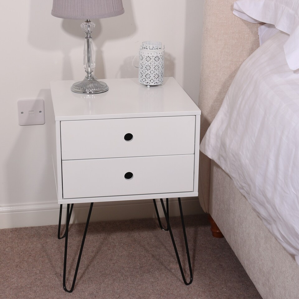 image 1 of Options Telford 2 Drawer Bedside Cabinet - Contemporary Painted Nightstand with Metal Hairpin Legs | White | White | One Size | 1