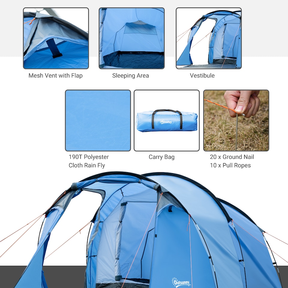 image 1 of Outsunny 3 Man 2 Room Tent Camping Tent With Living Area Air Vents Blue