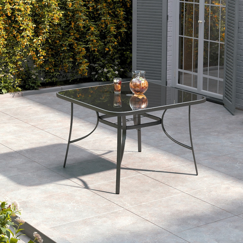 image 1 of Living and Home Square Metallic and Tempered Glass Garden Table with Parasol Hole