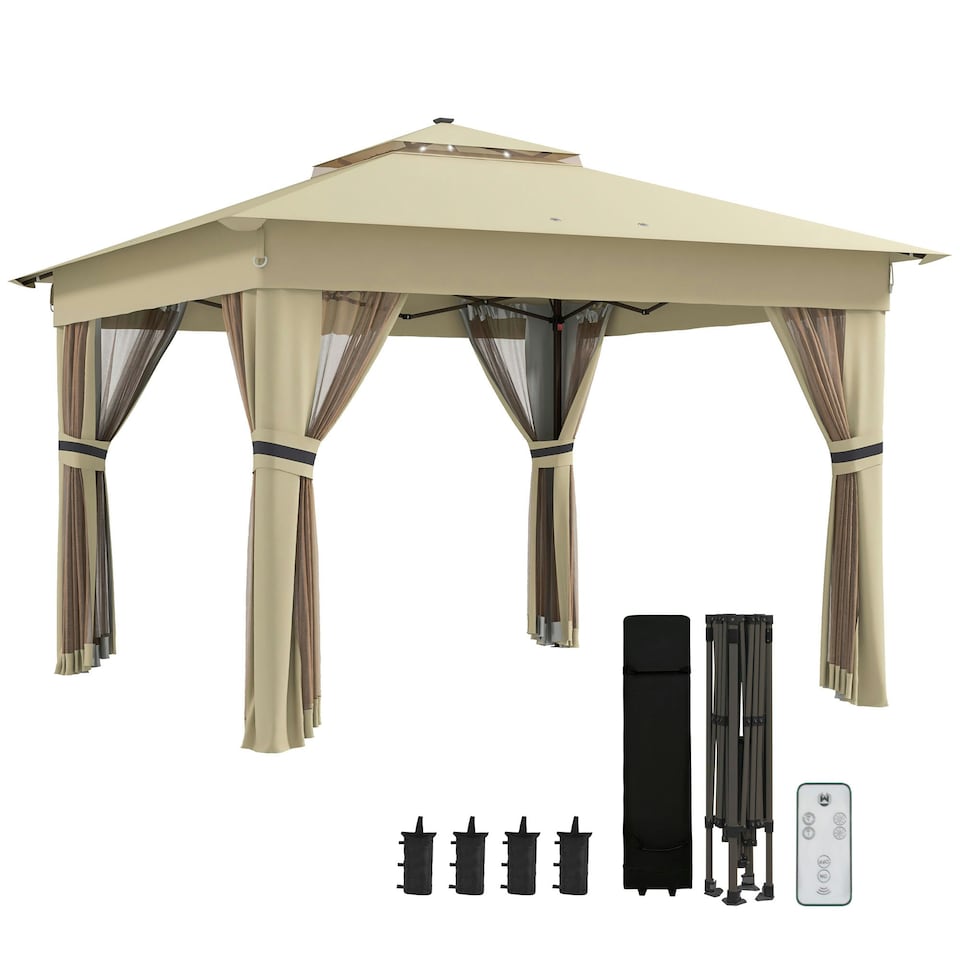 image 1 of Outsunny 3.36x3.36m Pop Up Gazebo w/ Solar-Powered LED Lights Netting Khaki