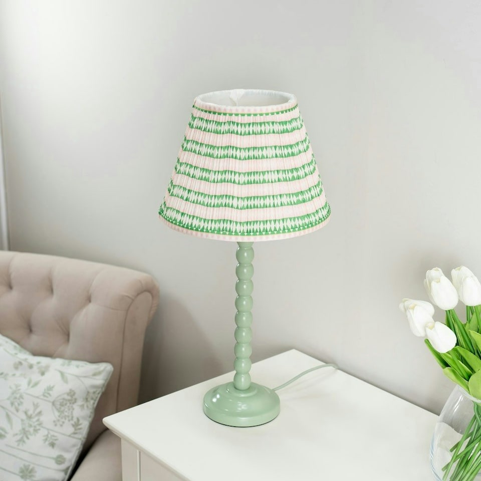 image 1 of ValueLights Bobbles Sage Green Bobbin Table Lamp with Pink Aztec Pleated Shade