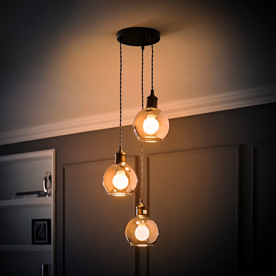 image 1 of ValueLights Bellamy Smoked Glass 3 Drop Cluster Black Pendant Light & Bulbs | Black