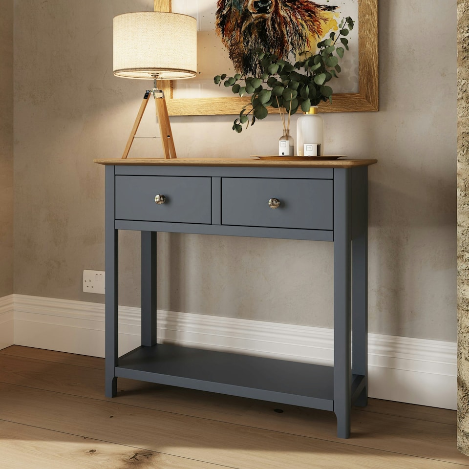 image 1 of Taberno Oak 2 Drawer Console Hallway Table Graphite Blue Blue