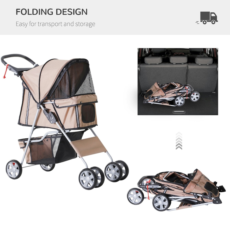image 1 of PawHut Pet Stroller Carrier Foldable Deluxe Jogger Walk Travel Dog Cat Brown
