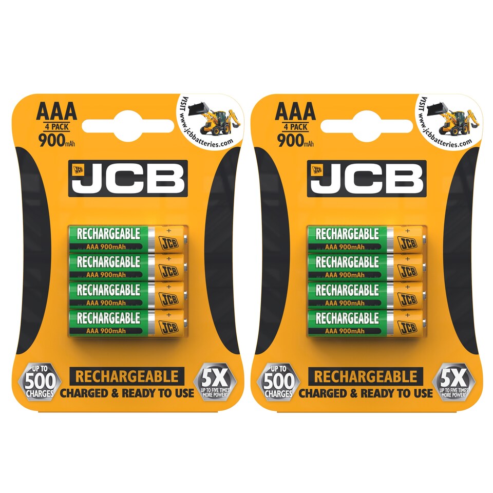 JCB AAA 900mAh Rechargeable Batteries - Pack of 4 | Multi | AAA | 8