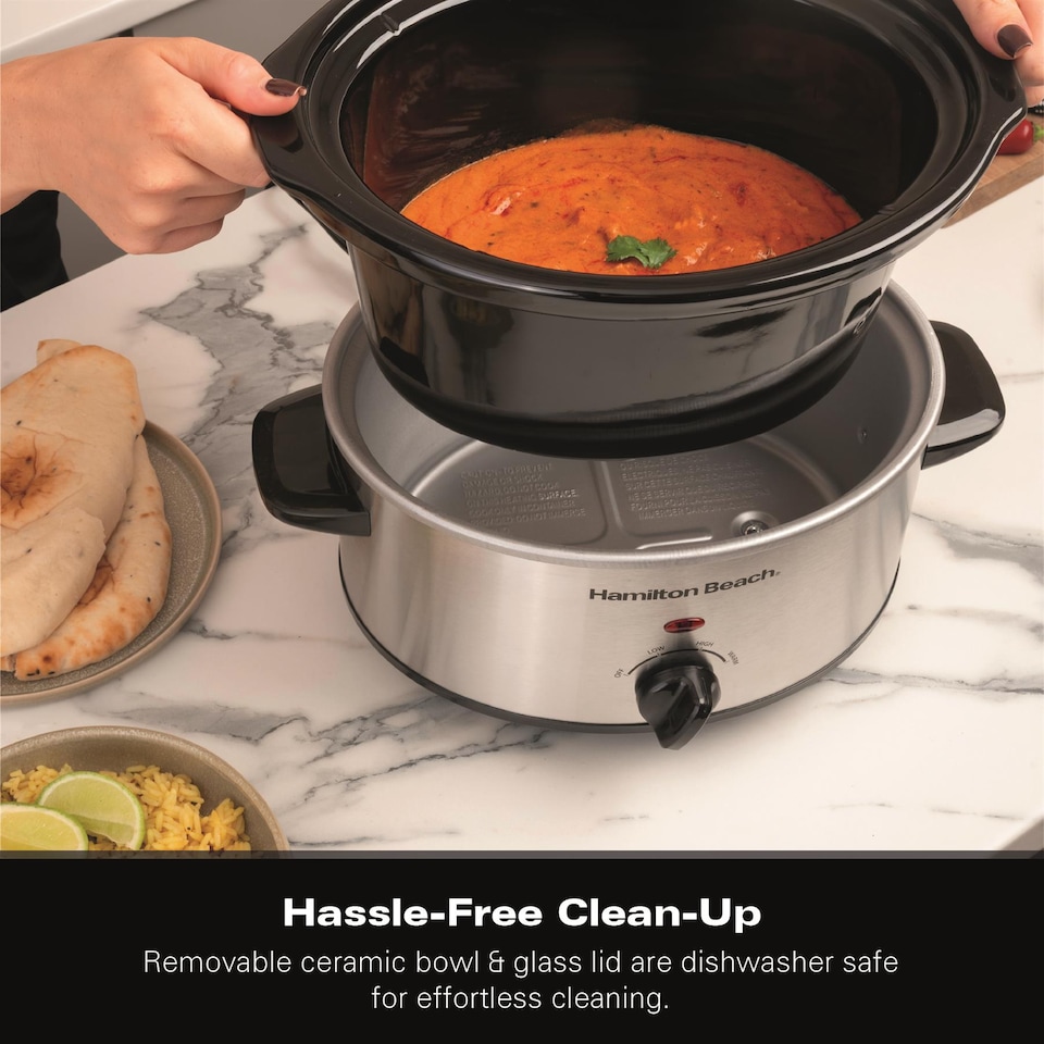 image 1 of Hamilton Beach Slow Cooker, 3.5 Litres, Comfort Cook, 160W, Stainless Steel, Energy-Efficient, Removable Oven-Safe Ceramic Bowl, 3 Heat Settings, Serves 2-4 People, Easy Clean, Silver - HBSC040S