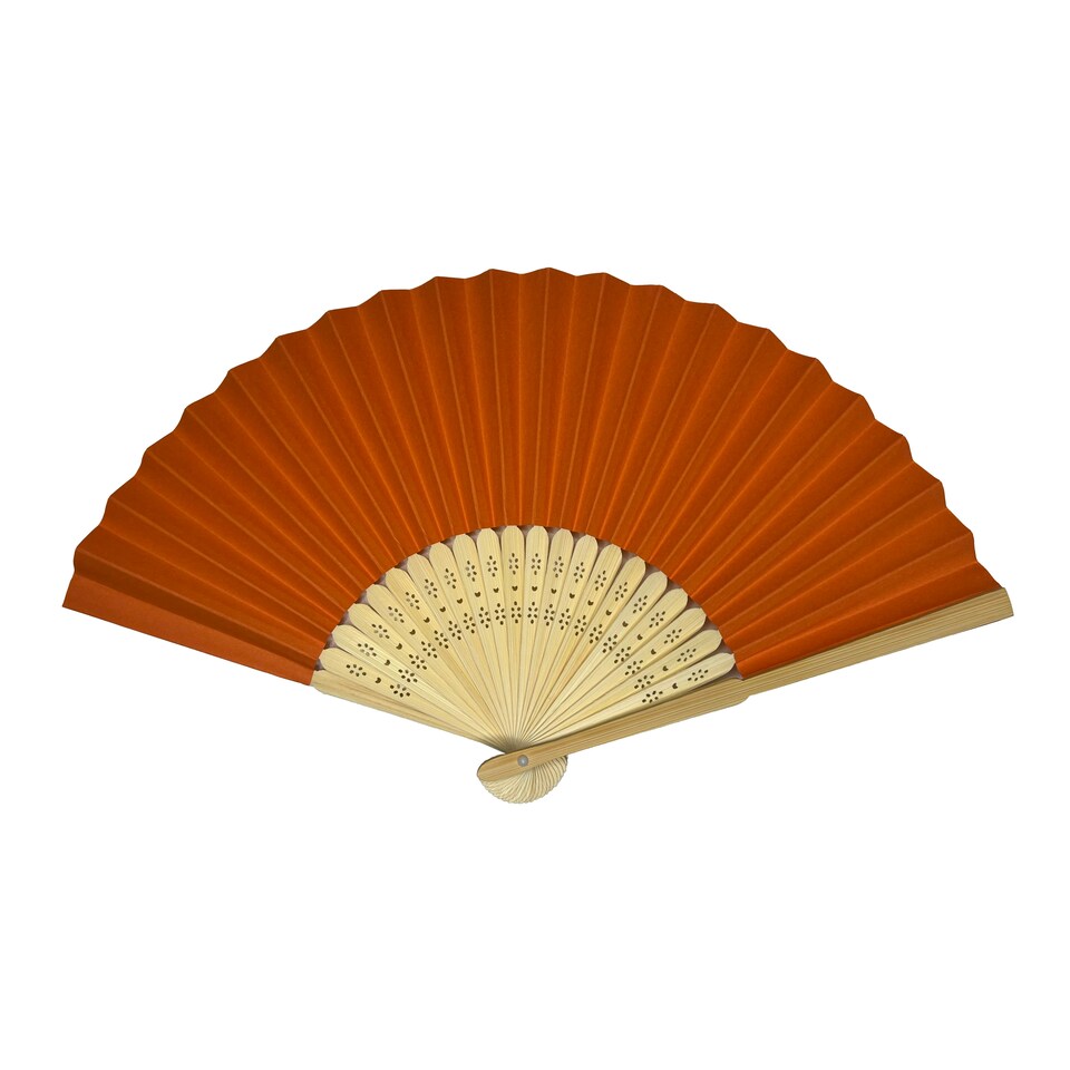 image 1 of Orange Paper Foldable Hand Held Bamboo Wooden Fan by Parev