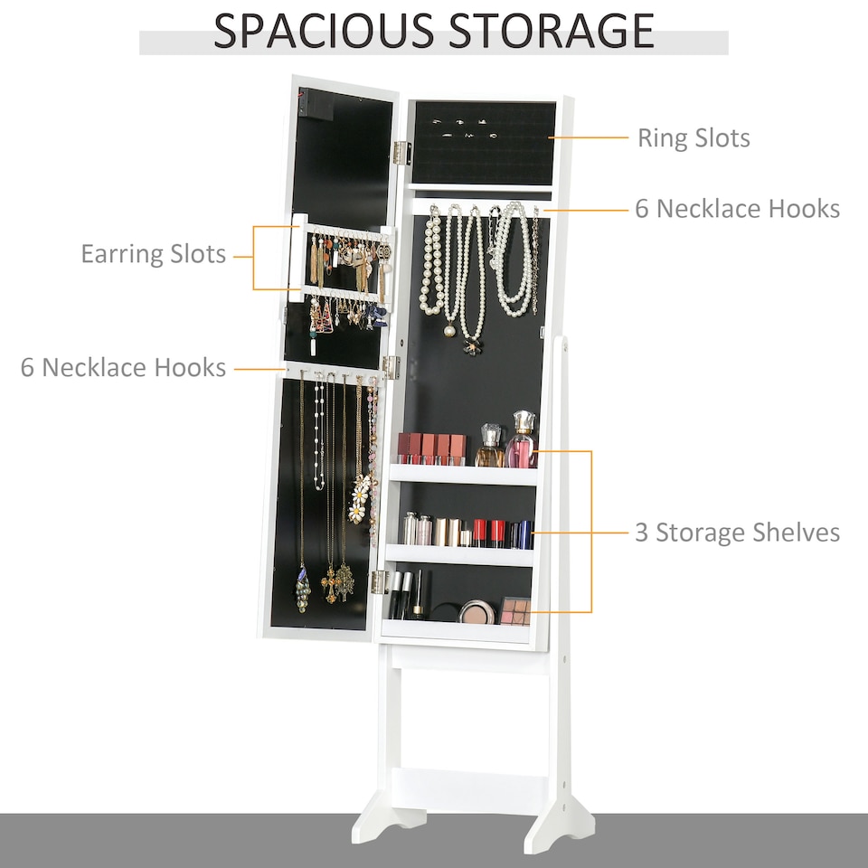 image 1 of HOMCOM Freestanding Mirror Jewelry Cabinet with LED Lights, Jewellery Organiser with 3 Angle Adjustable, Full-Length Mirror with Storage for Earrings, Necklaces, Rings and Lipsticks, Warm White