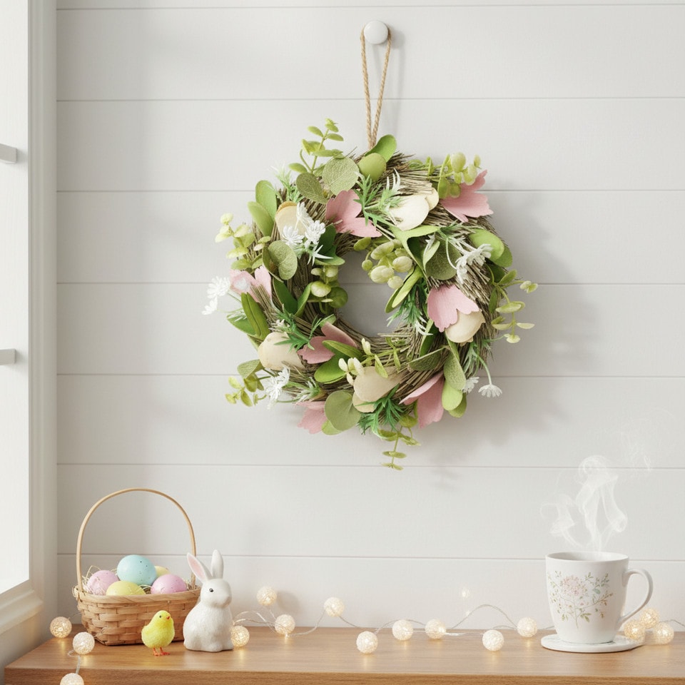 image 1 of Hanging Door Wreath Round Spring Easter Christmas Wall Decor Traditional Festive | Multi | Green, Cream & Pink | 25cm | 1