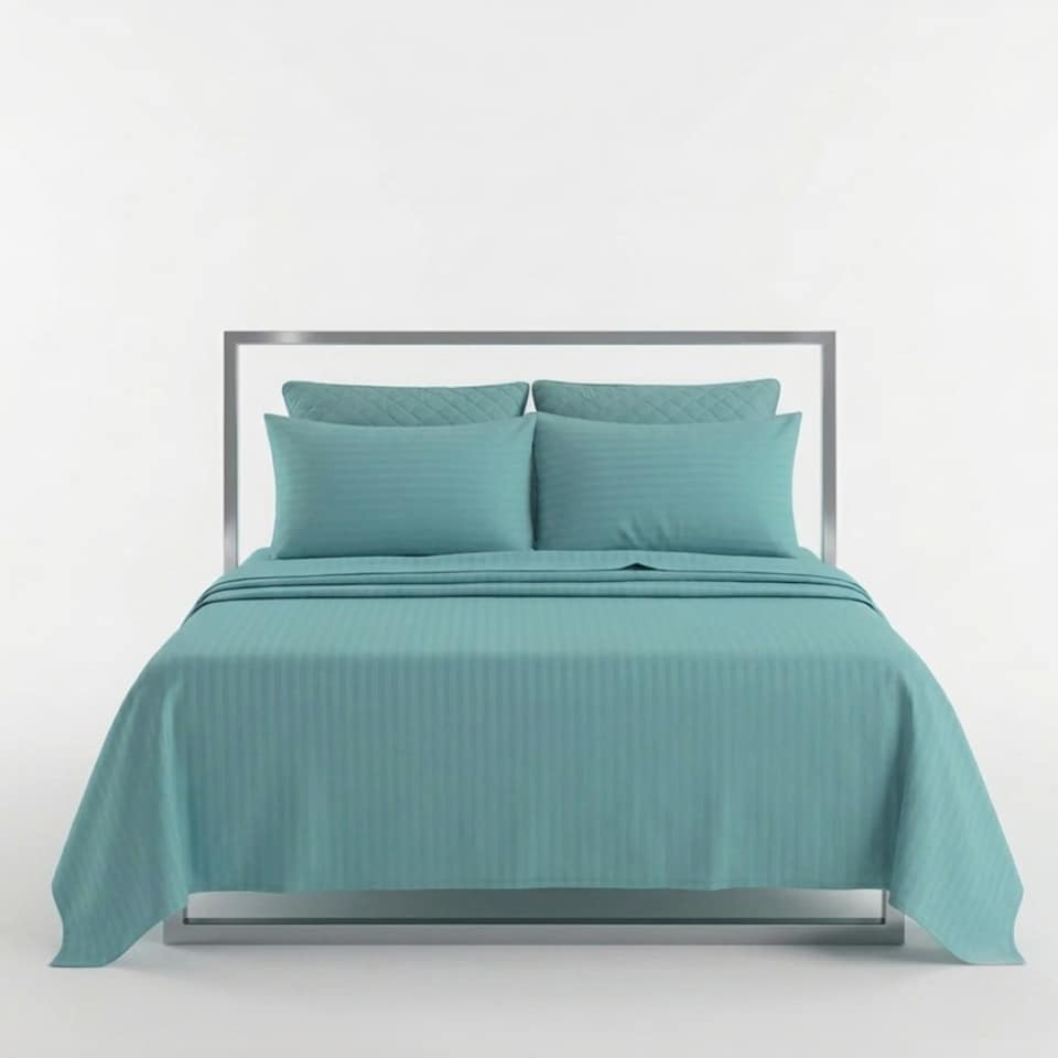 image 1 of Luxury Satin Stripe T250 Cotton Rich Soft Flat Sheet Bed Linen | Blue | Aqua | Double