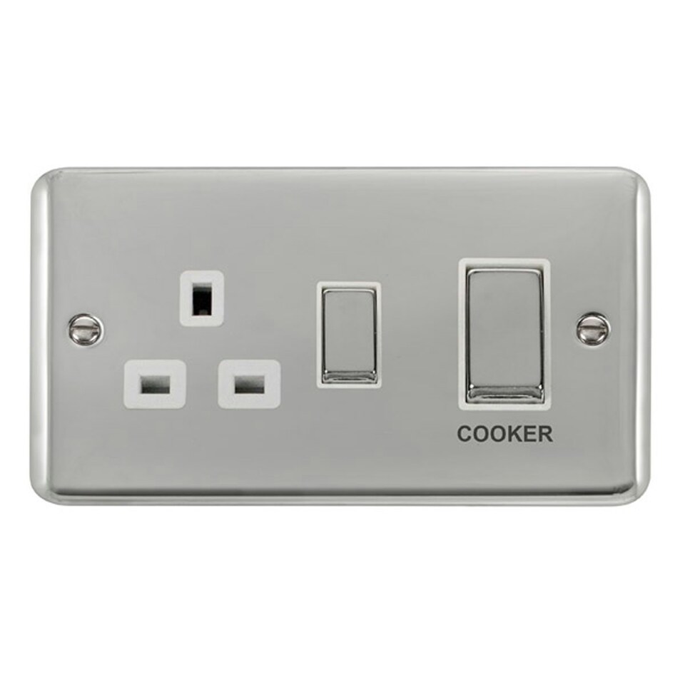 SE HOME Curved Polished Chrome Cooker Control Ingot 45A With 13A Switched Plug Socket White | Polished Chrome