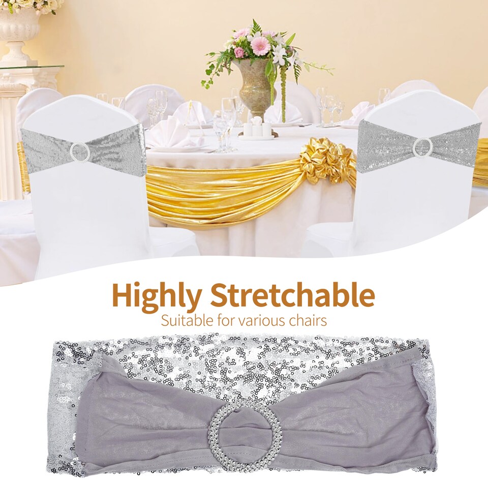 image 1 of Sequin Chair Sashes Stretch Spandex Chair Bands with Silver Buckle - 10pcs