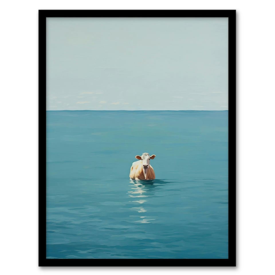 image 1 of Open Water Cow Swimming Bathroom Toilet Home Decor Black Framed Wall Art Print A4