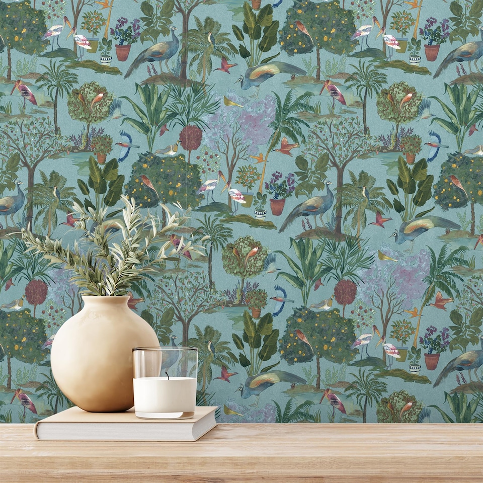 image 1 of Grandeco Exotic Garden Teal Wallpaper Birds Botanical Paste The Paper Exclusive