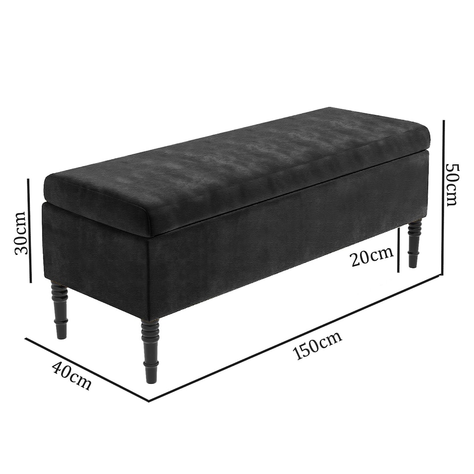 image 1 of 150cm Paris Plain Ottoman Storage Bench -Naples Shoes Bench with Black Turned Wooden Legs - Black Upholstery Storage Footstool
