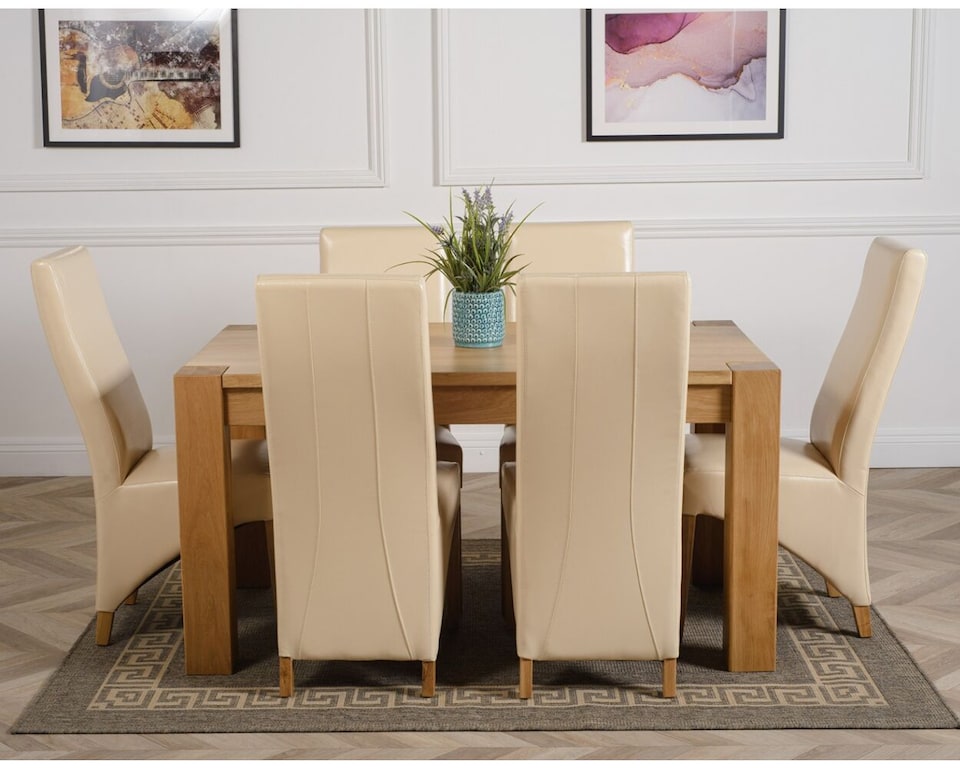 image 1 of Kuba 150 x 85 cm Chunky Medium Oak Dining Table and 6 Lola Leather Chairs | Cream | Cream