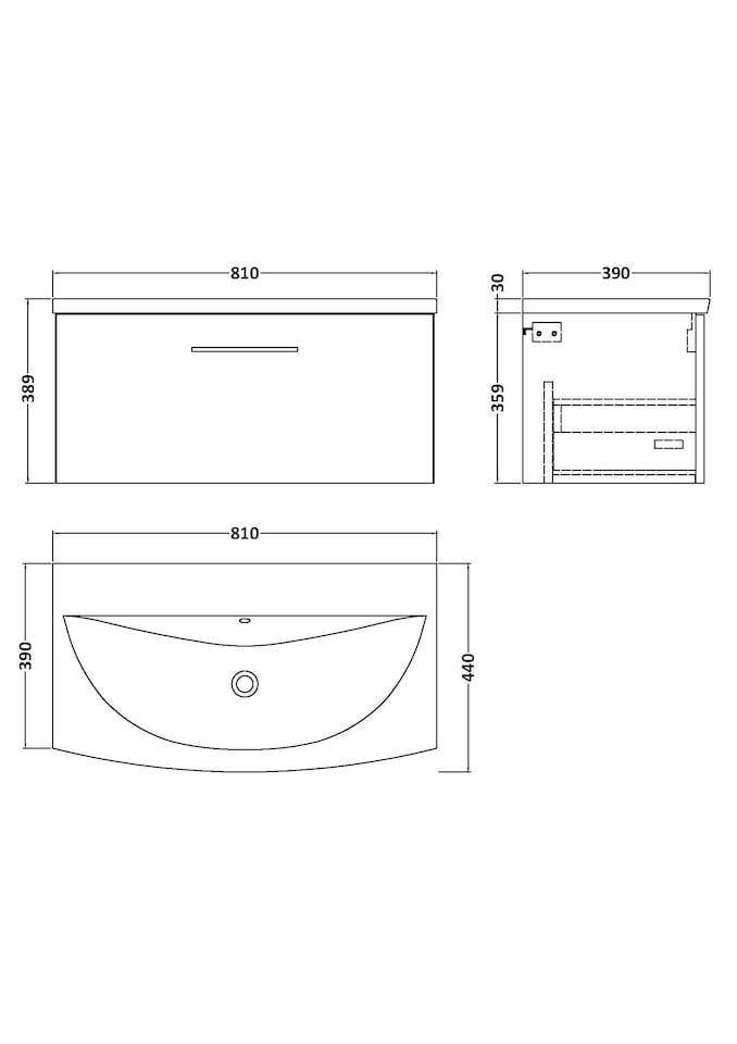 image 1 of Balterley Contemporary Bathroom 1-Drawer Wall-Hung Curved Basin Vanity Unit | Grey | Soft Black | 389 x 810 x 440mm