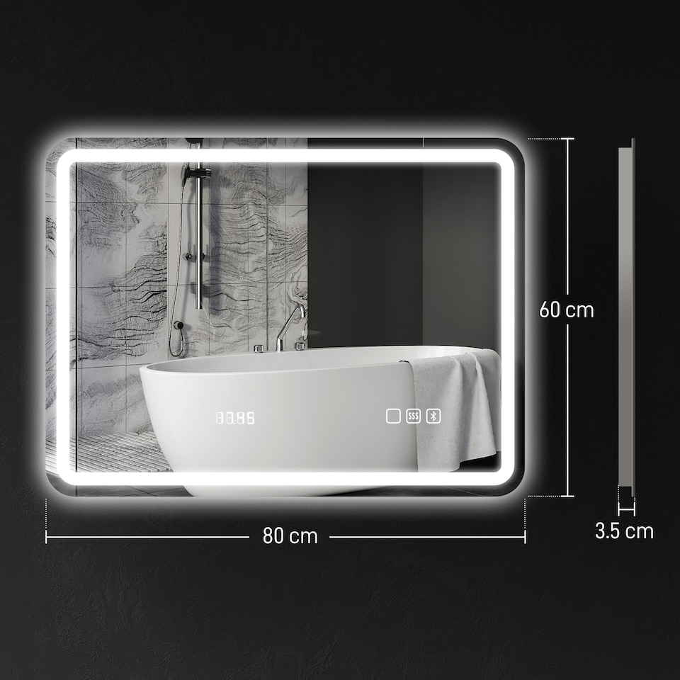 image 1 of HOMCOM 600 x 800 mm Illuminated Bathroom Mirror with Bluetooth Clock Silver