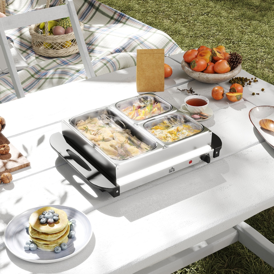 image 1 of HOMCOM 3 Tray Electric Food Warmer Buffet Server with Warming Plate, Cool Touch Handles, Adjustable Temperature, 300W, 1 x 2.5L and 2 x 1L Pans
