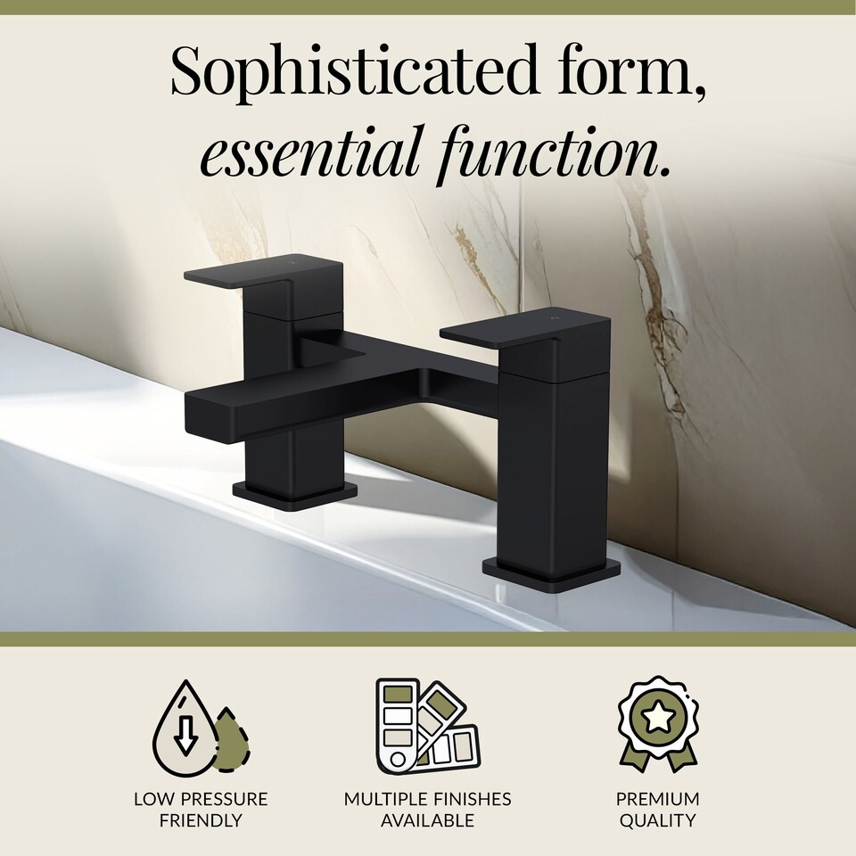 image 1 of Balterley Square Deck Mounted Bath Filler Tap with Dual Levers, Waterfall Spout | Black | Matt Black | 1