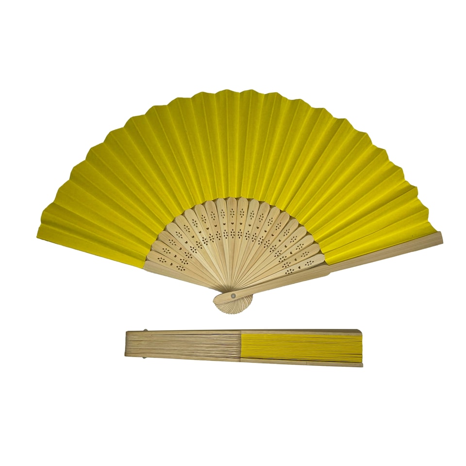image 1 of Yellow Paper Foldable Hand Held Bamboo Wooden Fan by Parev