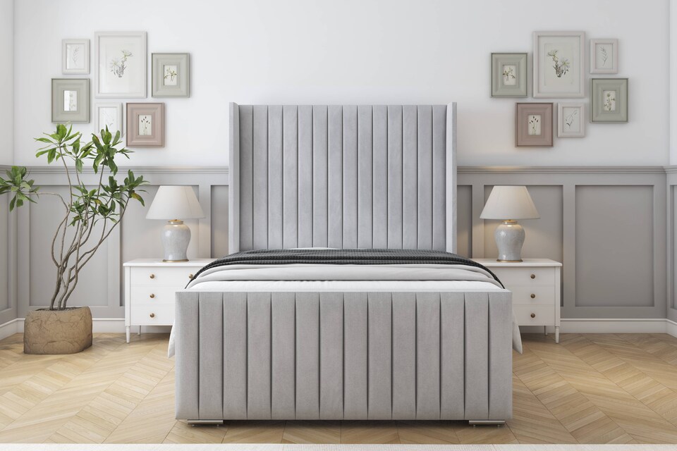 image 1 of Sloomy Marlborough Silver Naples Bed Frame With 50"  Upholstered Wingback Headboard 4'6 Double