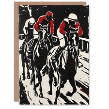 Jockeys Racing Scene Red Modernist Horse Him Her Birthday Card