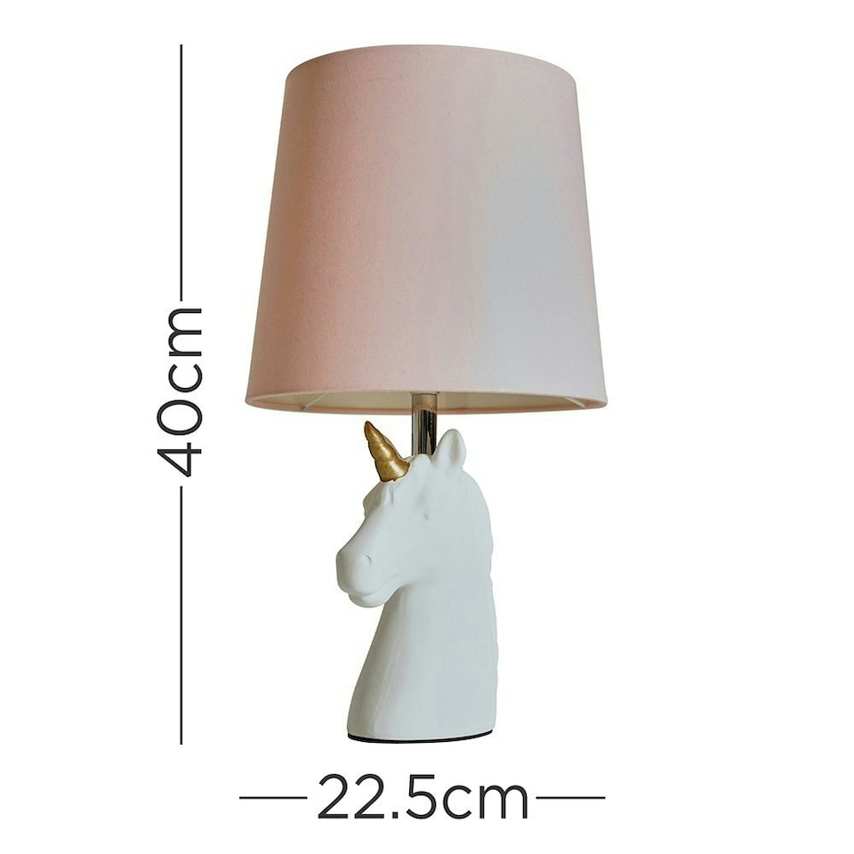 image 1 of ValueLights White and Gold Ceramic Unicorn Table Lamp With Dusty Pink Tapered Light Shade With LED Golfball Bulb In Warm White