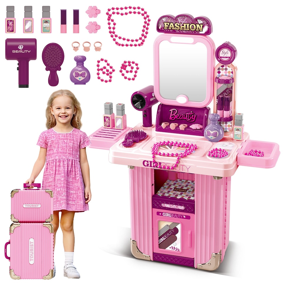 image 1 of Kids Beauty Vanity Set with Suitcase – Portable Pretend Makeup & Hairdressing Playset with Mirror, Hairdryer & Accessories Princess Dress-Up Gift for Ages 3+