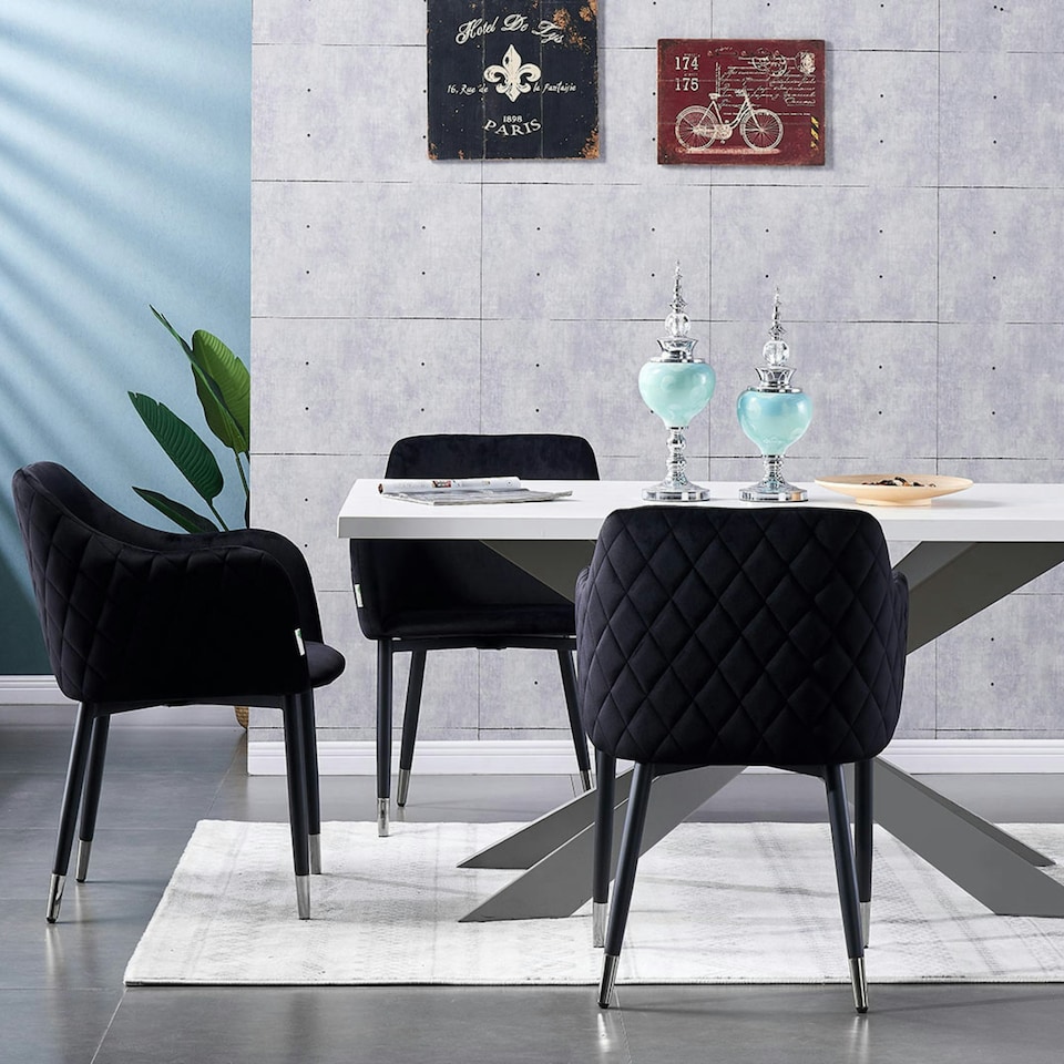 image 1 of Set of 2 Verona Velvet Dining Chairs with Quilted Back & Black Legs - Modern Accent Chair with Silver Foot Tips | Black