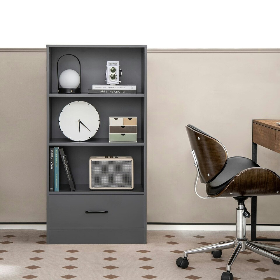 image 1 of COSTWAY 4-tier Storage Shelf Wood Bookcase Bookshelf Grey