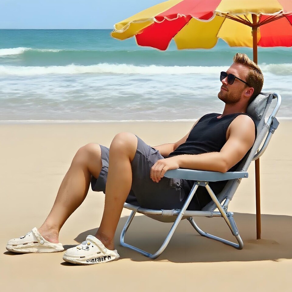 image 1 of Gr8 Garden Grey Folding Beach Deck Chair Portable Sun Bed Lounger 4 Adjustable Position