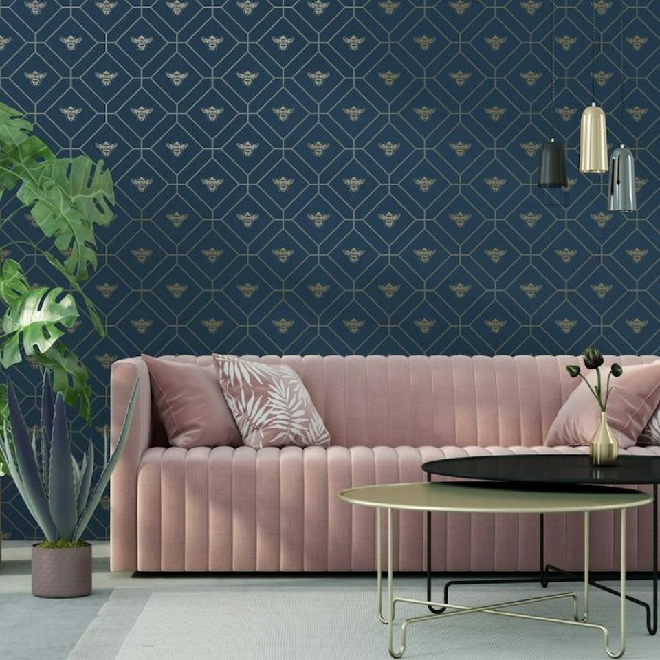 image 1 of World Of Wallpaper Bee Wallpaper - Navy/Gold - 10m x 53cm Blue