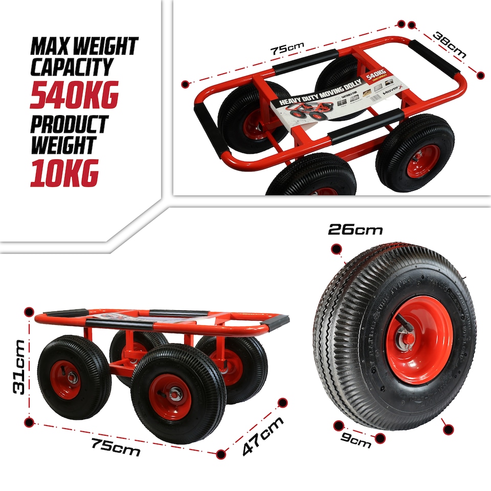 image 1 of MoverX Heavy Duty Furniture Dolly 540kg — 4 Rubber Wheels, Moving Trolley for Appliances, Furniture & Equipment, Red