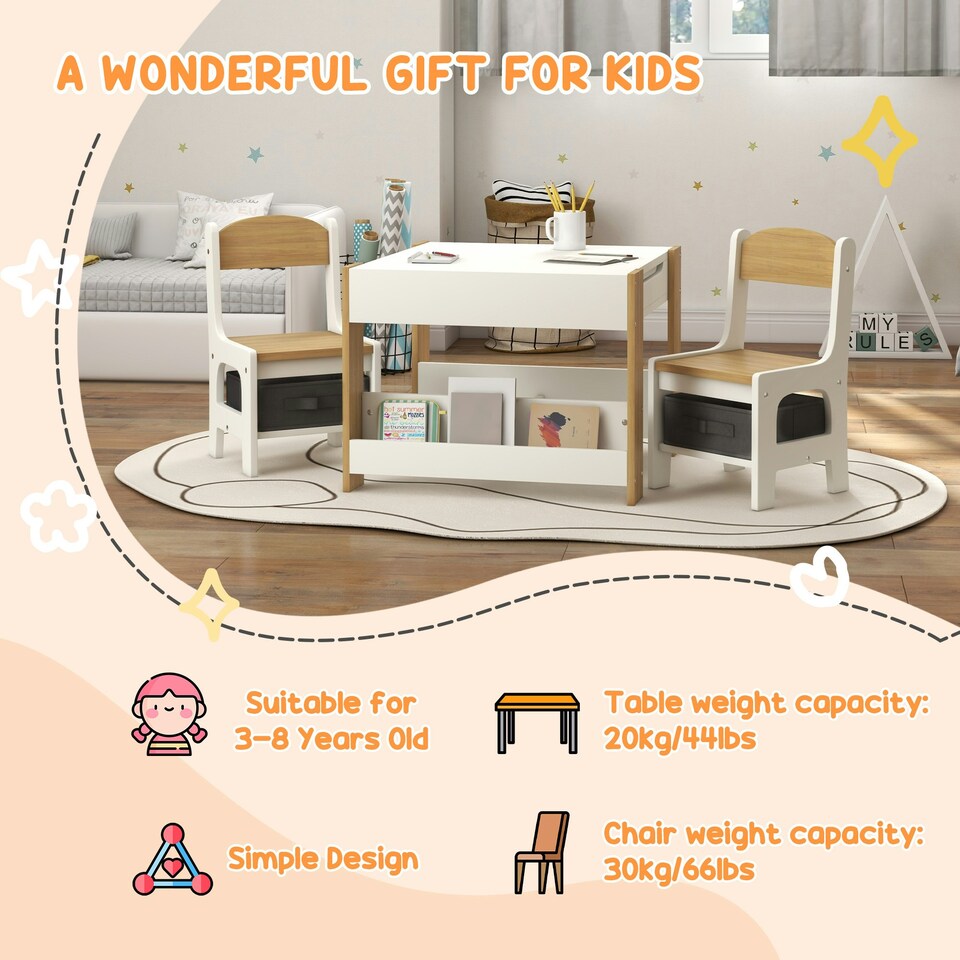 image 1 of HOMCOM 3-Piece Kids Table and Chair Set for Nursery, Playroom, Classroom Brown
