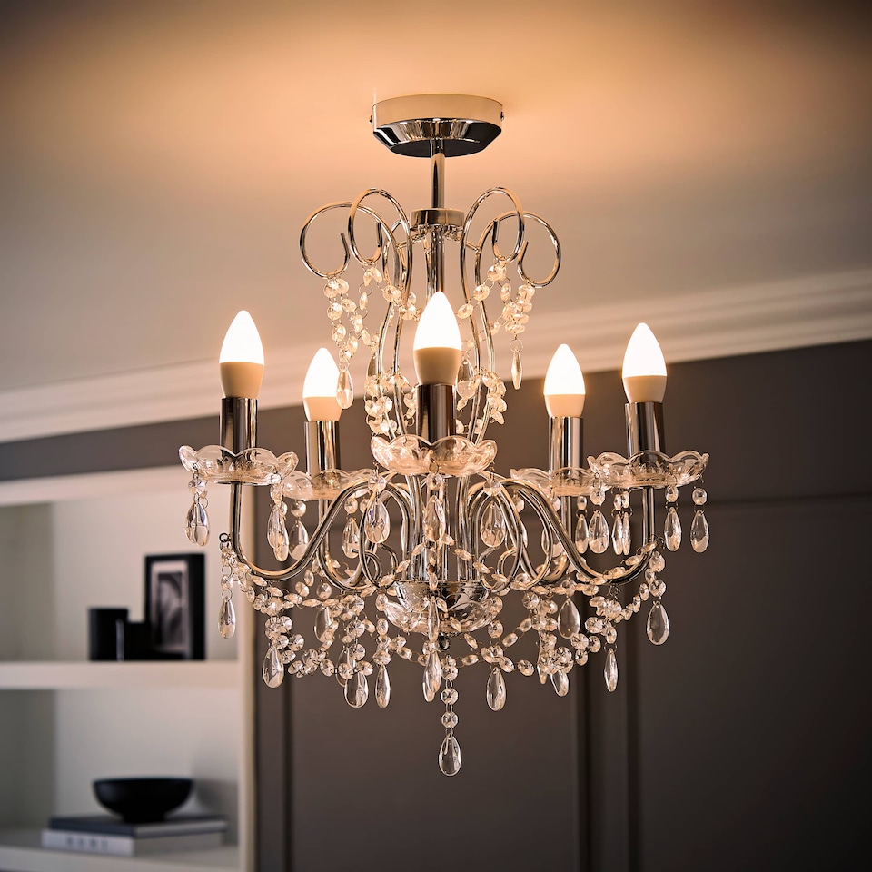 image 1 of ValueLights 5 Way Silver Chrome Ceiling Light Chandelier With Lead Crystal Droplets | Chrome