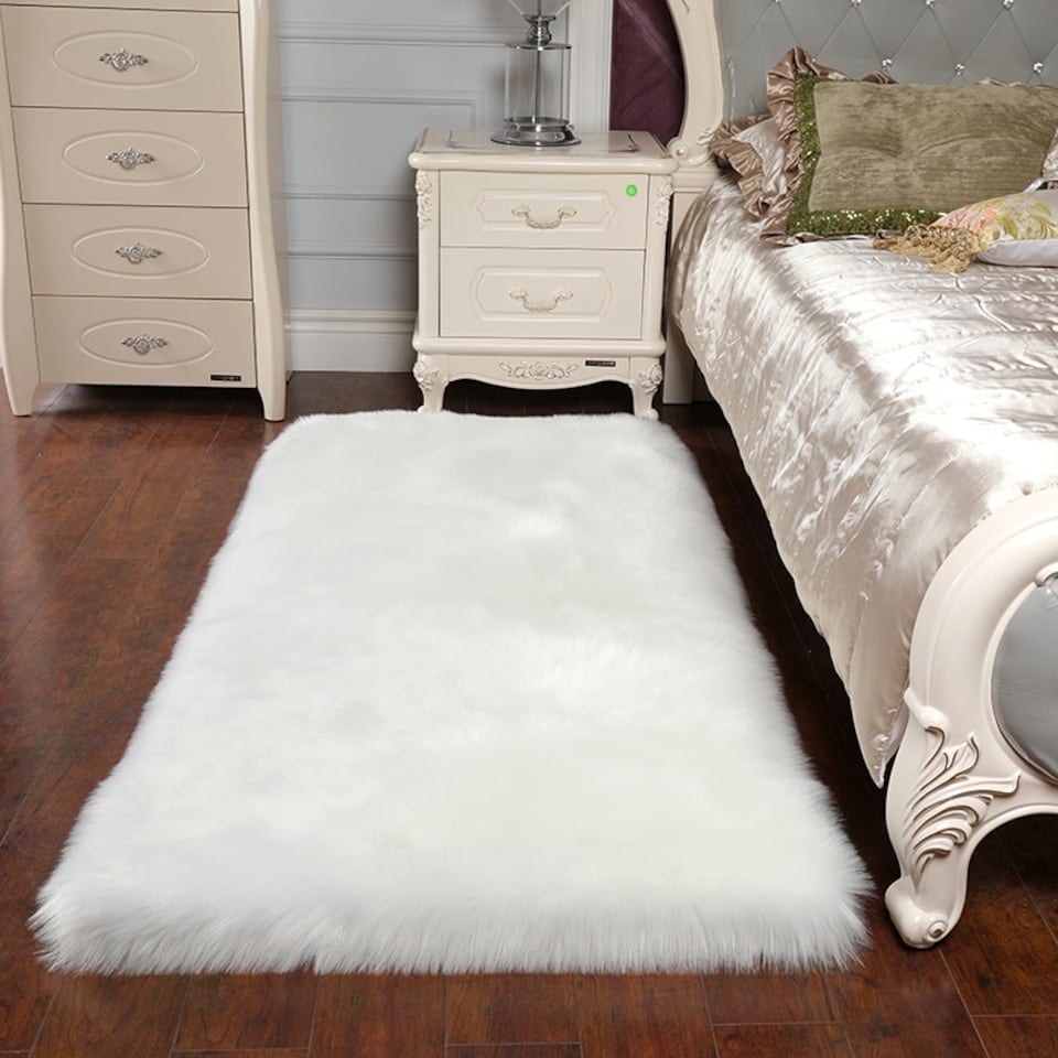 image 1 of Living and Home Retangular Soft Shaggy Area Rug, White, 90cm L x 60cm W | White