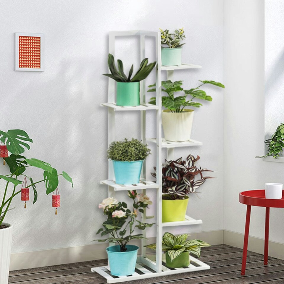 image 1 of Living and Home Wooden Multi-Tiered Potted Plant Stand - White