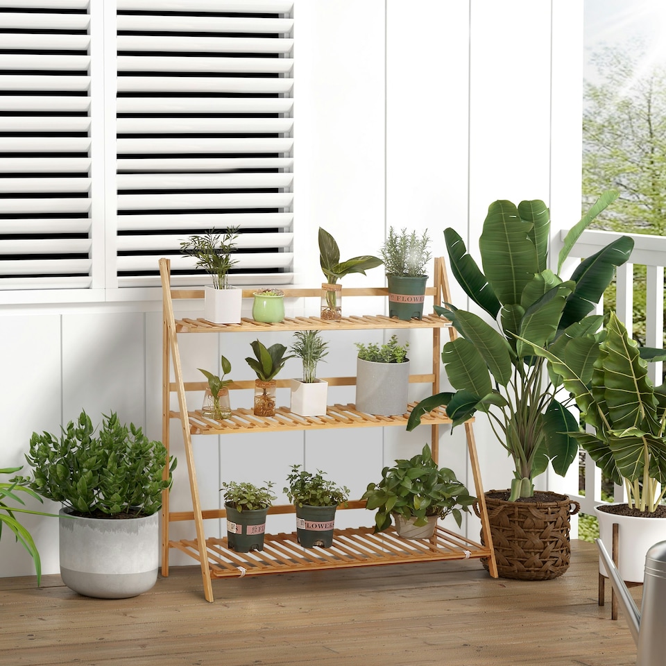 image 1 of Outsunny 3-Tier Folding Bamboo Plant Stand Display Rack Indoor Outdoor