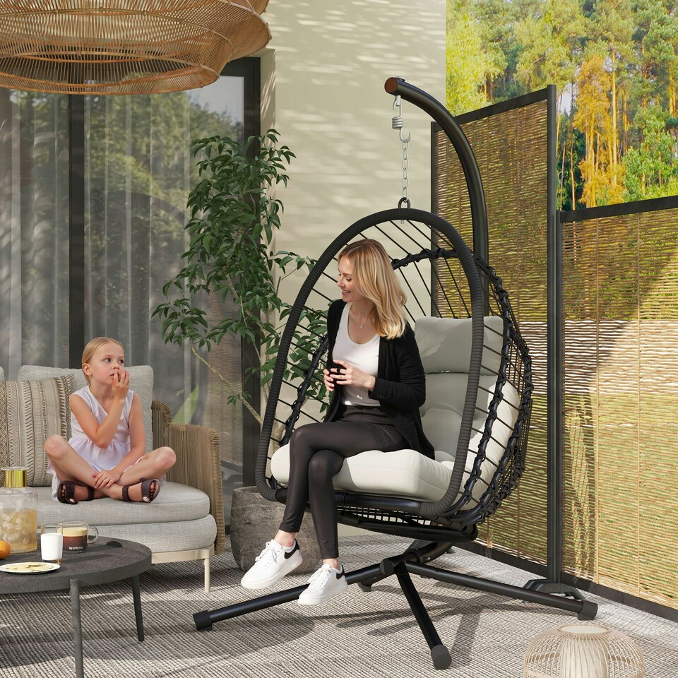 image 1 of Outsunny PE Hanging Swing Chair w/ Thick Cushion, Patio Hanging Chair, Black