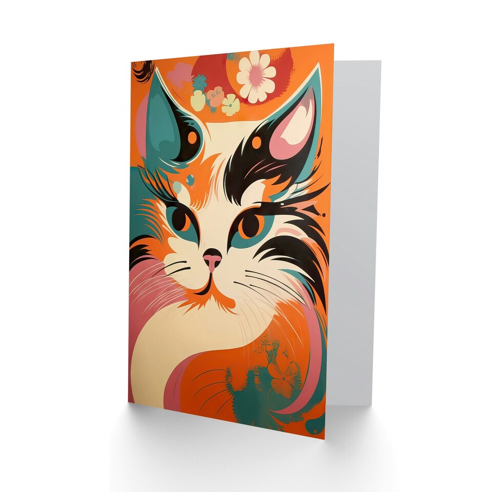 image 1 of Cat Lover Orange Blue Pink Floral Boho Retro Animal Greeting Card