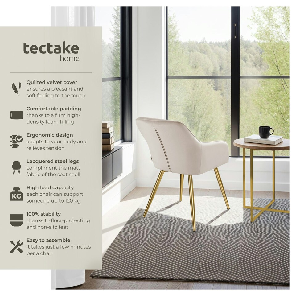 image 1 of Chair Marilyn - with armrests, padded, velvet look, golden steel legs - per piece Brown | Taupe/Gold