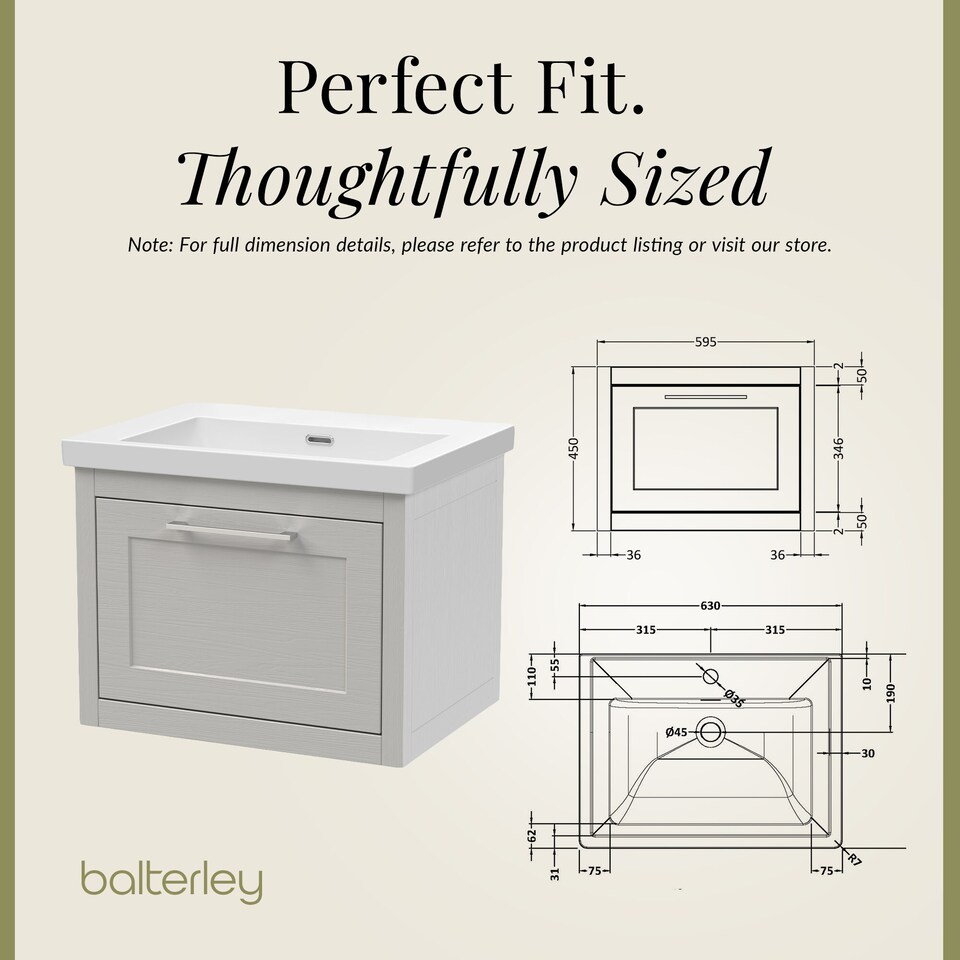 image 1 of Balterley Traditional Bathroom Wall Hung 1 Drawer Vanity Unit and 0 Tap Hole Modern Fireclay Basin | Grey | Earl's Grey
