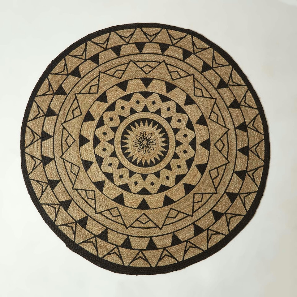 image 1 of Homescapes Natural and Black Mandala Braided Jute Rug - 200 cm Round Black | 200 cm Round