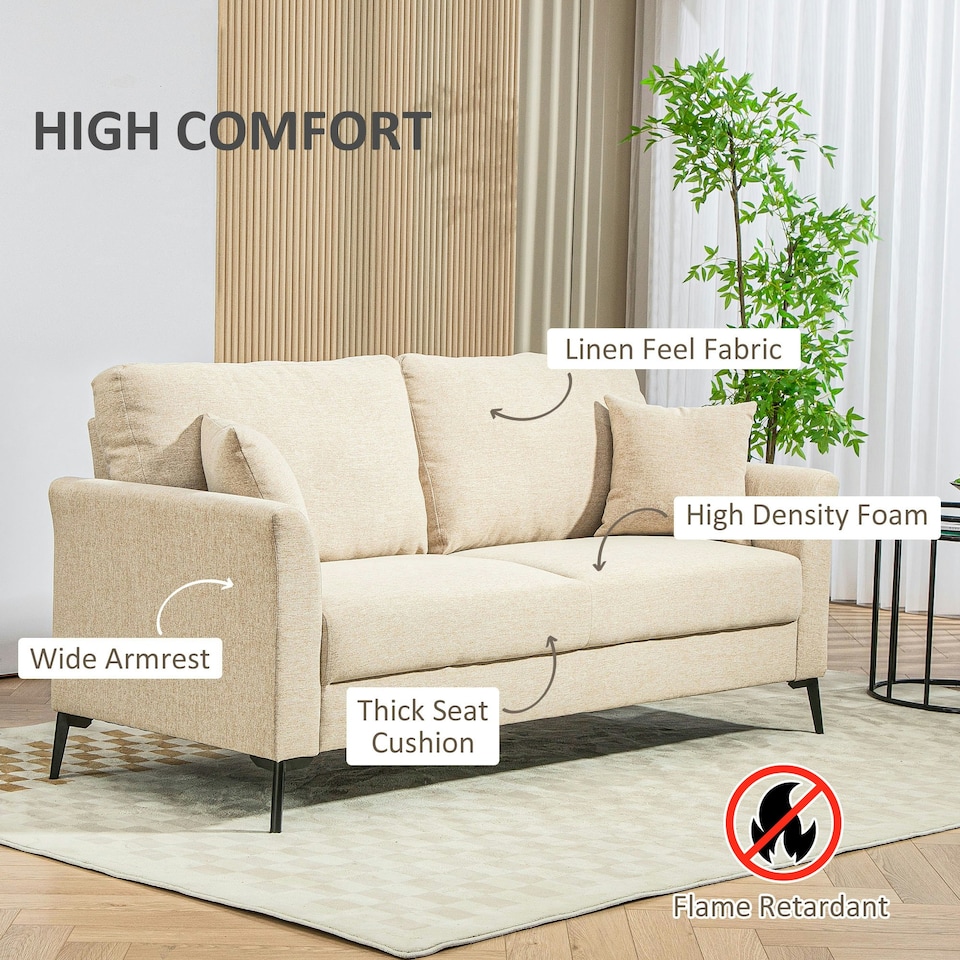 image 1 of HOMCOM Modern 3 Seater Sofa, Linen Fabric Sofa Couch Living Room Beige White