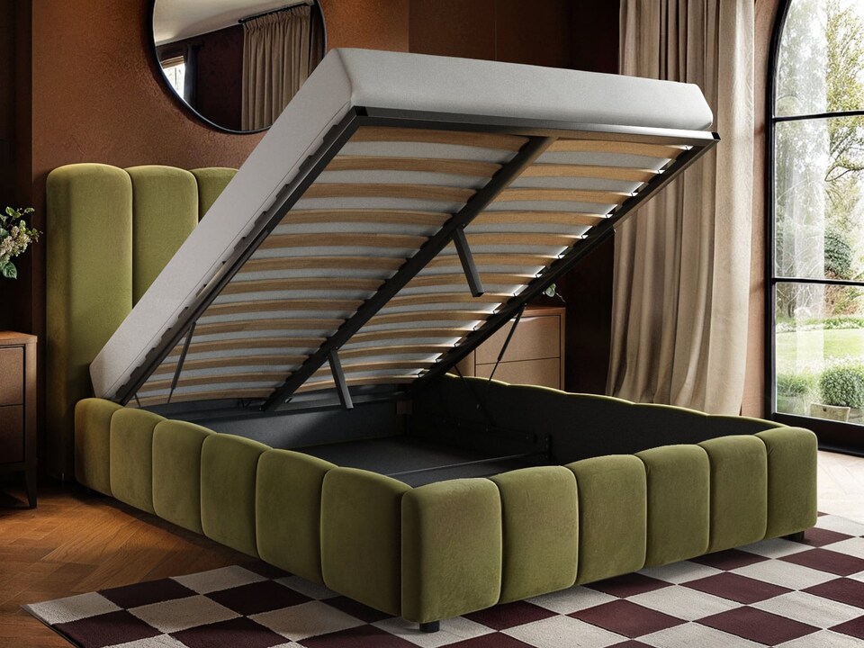 image 1 of SOLACE+CO Emilie Ribbed Ottoman Kingsize Bed Green Velvet