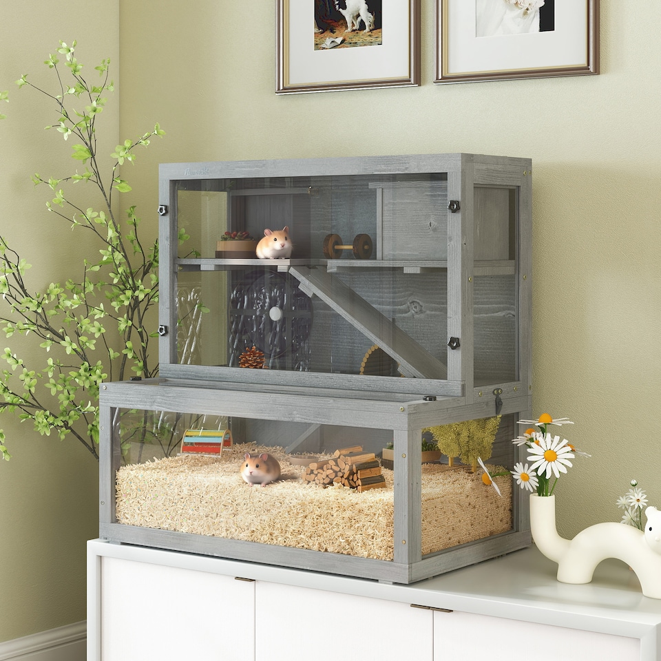 image 1 of PawHut Wooden Hamster Cage, Large Gerbil Cage with Hut, Wheel, Ramps, 3 Tier Small Animal Habitat with Removable Viewing Panels, 80 x 50 x 84 cm, Grey